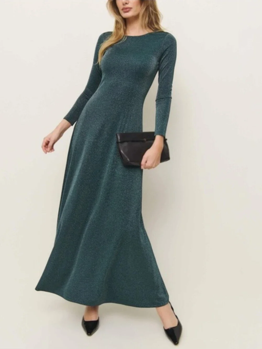 Fairy Elegant Metallic Reformation Kori Knit Teal Green Sparkle Maxi Dress Small